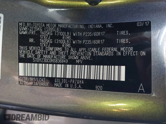 2017 Toyota Sienna XLE Auto Access Seat with VIN 5TDYZ3DC0HS836849, listed as a IAAI auction lot 41846570 with 158,056 mi miles and . Bid and sale history available at DreamBid. Image 9.