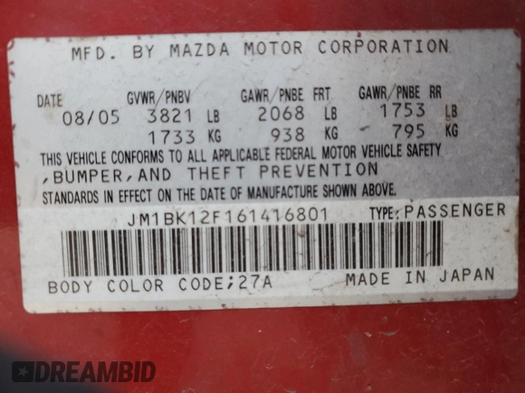 2006 Mazda 3 i with VIN JM1BK12F161416801, listed as a Copart auction lot 48865535 with 195,086 mi miles and Clean Title. Bid and sale history available at DreamBid. Image 14.