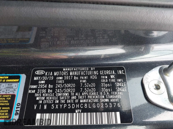 2020 Kia Telluride SX with VIN 5XYP5DHC8LG025376, listed as a IAAI auction lot 41832635 with 40,991 mi miles and . Bid and sale history available at DreamBid. Image 9.