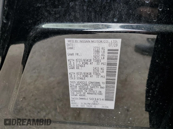 2020 Infiniti QX60 Signature Edition with VIN 5N1DL0MM4LC503454, listed as a Copart auction lot 57754075 with 68,119 mi miles and Salvage title. Bid and sale history available at DreamBid. Image 12.