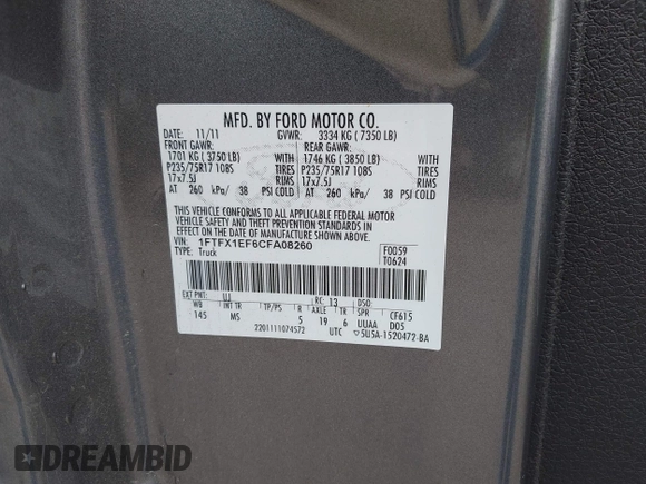 2012 Ford F-150 XL with VIN 1FTFX1EF6CFA08260, listed as a IAAI auction lot 42445282 with 171,129 mi miles and . Bid and sale history available at DreamBid. Image 9.