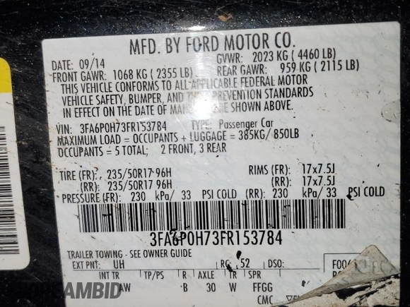 2015 Ford Fusion SE with VIN 3FA6P0H73FR153784, listed as a Copart auction lot 51756135 with 148,559 mi miles and Salvage Title. Bid and sale history available at DreamBid. Image 12.