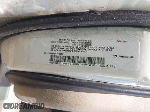 2004 Subaru Legacy Outback with VIN 4S3BH675447646841, listed as a IAAI auction lot 42685480 with 117,134 mi miles and . Bid and sale history available at DreamBid. Image 9.