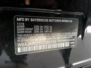 2020 BMW 5 Series 530e with VIN WBAJA9C01LCD69759, listed as a Copart auction lot 58271025 with 56,732 mi miles and Salvage title. Bid and sale history available at DreamBid. Image 12.