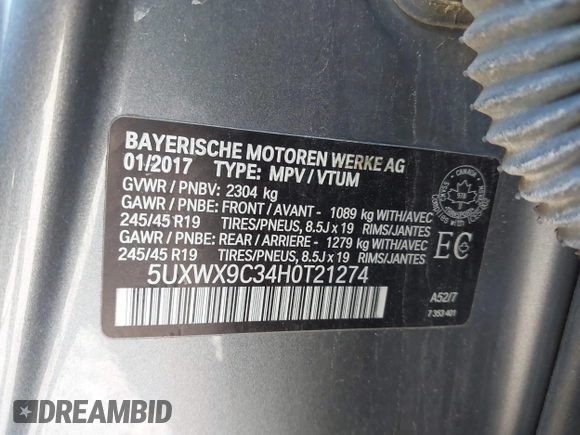2017 BMW X3 xDrive28i with VIN 5UXWX9C34H0T21274, listed as a IAAI auction lot 41975945 with 84,309 mi miles and . Bid and sale history available at DreamBid. Image 9.
