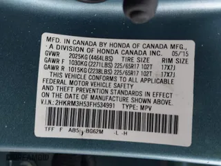 2015 Honda CR-V EX with VIN 2HKRM3H53FH534991, listed as a IAAI auction lot 41734356 with 83,187 mi miles. Bid and sale history available at carsss.com. Image 9.