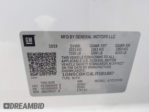 2020 Chevrolet Tahoe LT with VIN 1GNSCBKC4LR181887, listed as a IAAI auction lot 42160821 with 106,757 mi miles and . Bid and sale history available at DreamBid. Image 9.