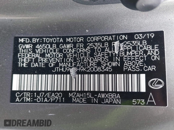 2019 Lexus UX 250h z VIN JTHU9JBH9K2008345, wystawiony jako IAAI lot #42019642 z przebiegiem Nie podano mil oraz . Historia ofert i sprzedaży dostępna na DreamBid. Obrazek 9.
