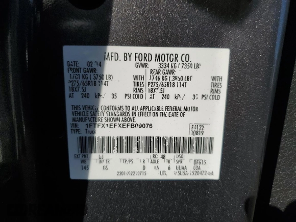 2014 Ford F-150 XL with VIN 1FTFX1EFXEFB09076, listed as a Copart auction lot 62085865 with 113,078 mi miles and Clean title. Bid and sale history available at DreamBid. Image 12.