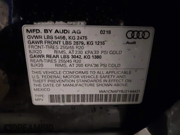 2018 Audi Q5 Prestige z VIN WA1CNAFY8J2144431, wystawiony jako IAAI lot #42100177 z przebiegiem 50 606 mil mil oraz . Historia ofert i sprzedaży dostępna na DreamBid. Obrazek 9.