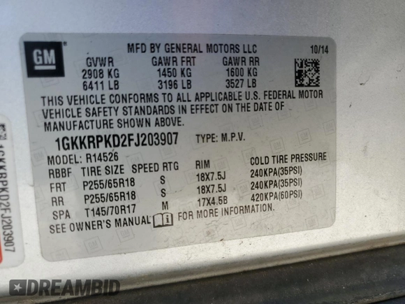 2015 GMC Acadia SLE with VIN 1GKKRPKD2FJ203907, listed as a Copart auction lot 47297855 with 190,723 mi miles and Clean Title. Bid and sale history available at carsss.com. Image 13.