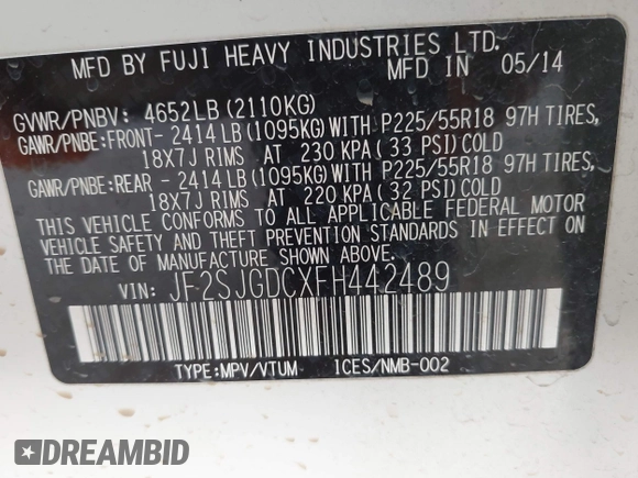 2015 Subaru Forester 2.0XT Premium with VIN JF2SJGDCXFH442489, listed as a IAAI auction lot 41117128 with 109,930 mi miles. Bid and sale history available at carsss.com. Image 9.