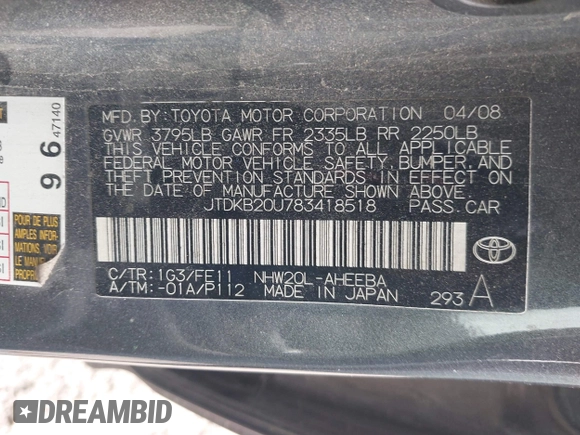 2008 Toyota Prius with VIN JTDKB20U783418518, listed as a IAAI auction lot 42131785 with 152,857 mi miles. Bid and sale history available at carsss.com. Image 9.