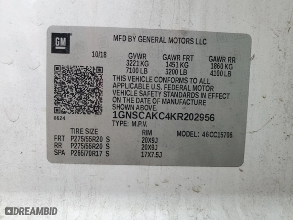 2019 Chevrolet Tahoe LS with VIN 1GNSCAKC4KR202956, listed as a Copart auction lot 47599805 with 161,818 mi miles and Salvage Title. Bid and sale history available at carsss.com. Image 15.