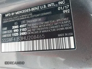 2017 Mercedes-Benz C 300 with VIN 55SWF4JB3HU208465, listed as a IAAI auction lot 42129983 with 123,710 mi miles and . Bid and sale history available at DreamBid. Image 9.