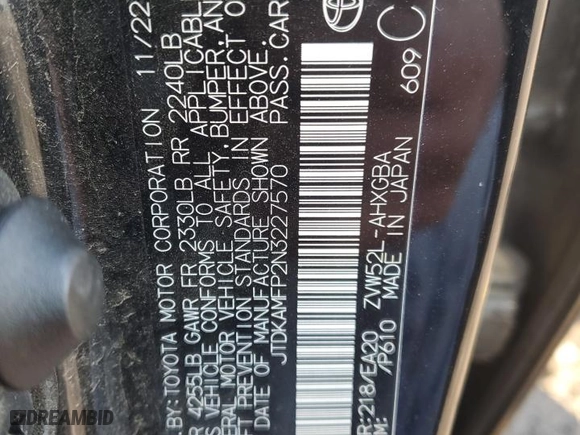 2022 Toyota Prius Prime LE with VIN JTDKAMFP2N3227570, listed as a Copart auction lot 84160194 with 0 mi miles and Salvage Title. Bid and sale history available at carsss.com. Image 14.