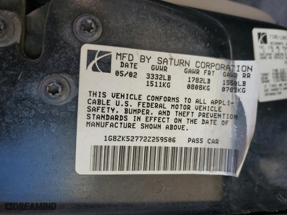 2002 Saturn SL with VIN 1G8ZK52772Z259506, listed as a Copart auction lot 76831904 with 181,258 mi miles and Salvage Title. Bid and sale history available at carsss.com. Image 12.