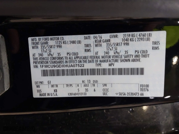 2017 Ford Escape SE with VIN 1FMCU9GDXHUA07522, listed as a IAAI auction lot 40875214 with 114,175 mi miles. Bid and sale history available at carsss.com. Image 9.
