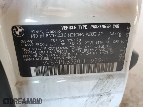 1996 BMW 3-Series 328IC with VIN WBABK8328TET93961, listed as a Copart auction lot 50206405 with 127,541 mi miles and Salvage Title. Bid and sale history available at carsss.com. Image 12.
