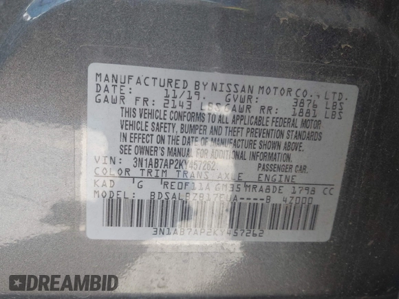 2019 Nissan Sentra SR with VIN 3N1AB7AP2KY457262, listed as a IAAI auction lot 41758326 with 57,060 mi miles. Bid and sale history available at carsss.com. Image 9.