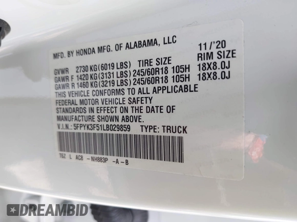 2020 Honda Ridgeline RTL with VIN 5FPYK3F51LB029859, listed as a IAAI auction lot 42462285 with 57,399 mi miles and . Bid and sale history available at DreamBid. Image 9.
