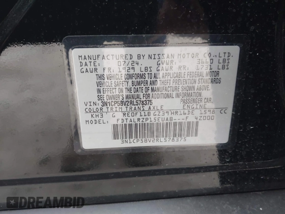 2024 Nissan Kicks S with VIN 3N1CP5BV2RL578375, listed as a IAAI auction lot 41498119 with 7,466 mi miles and . Bid and sale history available at DreamBid. Image 9.