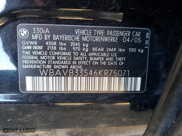 2006 BMW 3 Series 330i with VIN WBAVB33546KR75071, listed as a Copart auction lot 42124475 with 263,215 mi miles and Salvage Title. Bid and sale history available at carsss.com. Image 12.