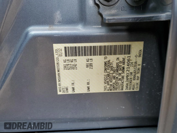 2012 Nissan Altima S with VIN 1N4AL2AP9CC214061, listed as a Copart auction lot 55155545 with 189,772 mi miles and Salvage Title. Bid and sale history available at DreamBid. Image 12.