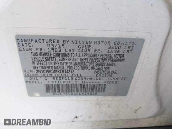 2019 Nissan Kicks S with VIN 3N1CP5CU6KL514318, listed as a IAAI auction lot 41655750 with 79,034 mi miles and . Bid and sale history available at carsss.com. Image 9.