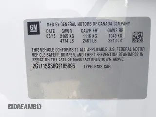 2016 Chevrolet Impala LT with VIN 2G1115S36G9185895, listed as a IAAI auction lot 41649718 with 101,002 mi miles and . Bid and sale history available at DreamBid. Image 9.