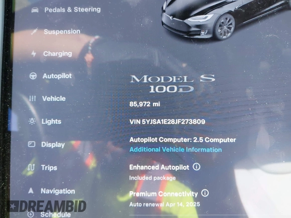 2018 Tesla Model S 75D with VIN 5YJSA1E28JF273809, listed as a IAAI auction lot 42029434 with 85,972 mi miles and . Bid and sale history available at DreamBid. Image 7.
