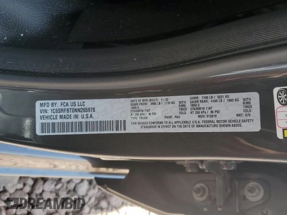 2022 Ram 1500 Big Horn z VIN 1C6SRFBT0NN265978, wystawiony jako Copart lot #58563515 z przebiegiem 85 486 mil mil oraz Szkoda całkowita • Salvage title. Historia ofert i sprzedaży dostępna na DreamBid. Obrazek 12.