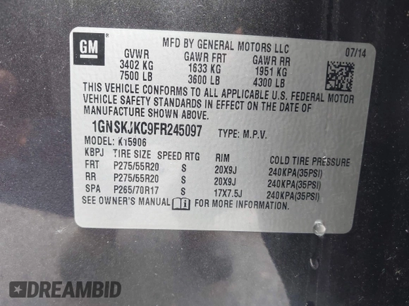 2015 Chevrolet Suburban LT z VIN 1GNSKJKC9FR245097, wystawiony jako IAAI lot #42468168 z przebiegiem 198 454 mil mil oraz . Historia ofert i sprzedaży dostępna na DreamBid. Obrazek 9.