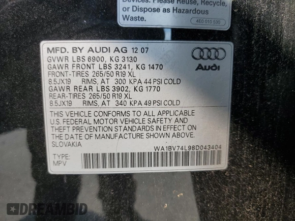 2008 Audi Q7 4.2L Premium with VIN WA1BV74L98D043404, listed as a Copart auction lot 69346544 with 124,451 mi miles and Clean Title. Bid and sale history available at carsss.com. Image 13.