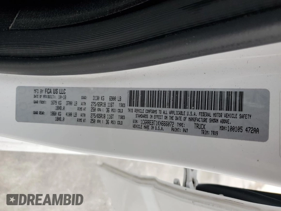 2019 Ram 1500 Big Horn z VIN 1C6RREBT1KN666072, wystawiony jako Copart lot #55610935 z przebiegiem 146 360 mil mil oraz Czysty tytuł • Clean title. Historia ofert i sprzedaży dostępna na DreamBid. Obrazek 12.