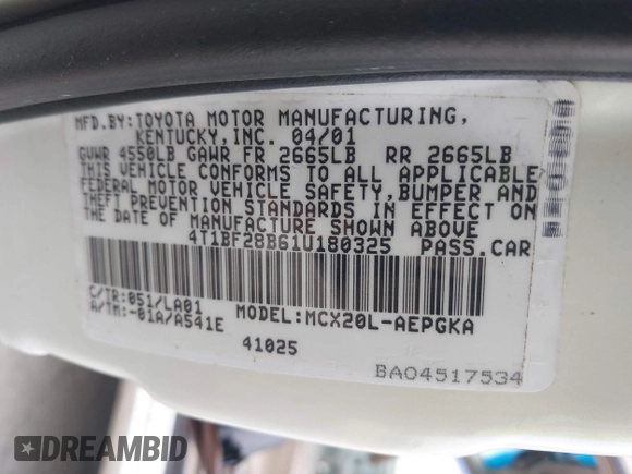 2001 Toyota Avalon XL with VIN 4T1BF28B61U180325, listed as a IAAI auction lot 41742723 with 155,155 mi miles and . Bid and sale history available at carsss.com. Image 9.