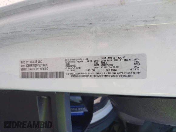 2023 Ram ProMaster Cargo with VIN 3C6MRVJG9PE519735, listed as a IAAI auction lot 41995842 with 30,745 mi miles and . Bid and sale history available at DreamBid. Image 9.