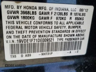 2013 Acura ILX Tech Pkg with VIN 19VDE1F71DE009521, listed as a Copart auction lot 51957595 with 129,268 mi miles and Salvage Title. Bid and sale history available at carsss.com. Image 12.
