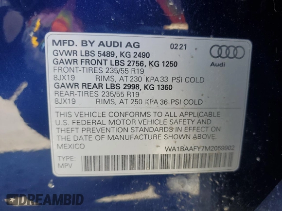 2021 Audi Q5 Premium Plus with VIN WA1BAAFY7M2059902, listed as a Copart auction lot 48525035 with 68,347 mi miles and Salvage Title. Bid and sale history available at carsss.com. Image 14.