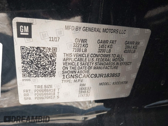 2018 Chevrolet Tahoe LS with VIN 1GNSCAKC9JR183853, listed as a IAAI auction lot 42254267 with 87,351 mi miles and . Bid and sale history available at DreamBid. Image 9.