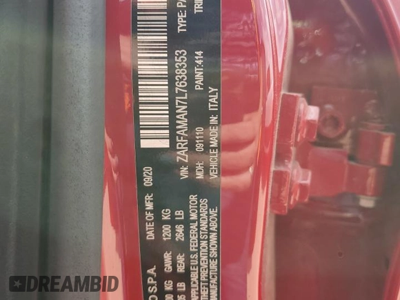 2020 Alfa Romeo Giulia with VIN ZARFAMAN7L7638353, listed as a Copart auction lot 54167255 with Not provided miles and Salvage title. Bid and sale history available at DreamBid. Image 12.