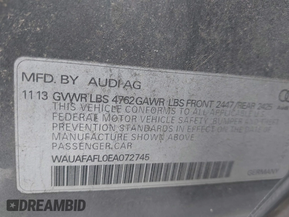 2014 Audi A4 Premium with VIN WAUAFAFL0EA072745, listed as a IAAI auction lot 41469342 with 114,881 mi miles. Bid and sale history available at carsss.com. Image 9.