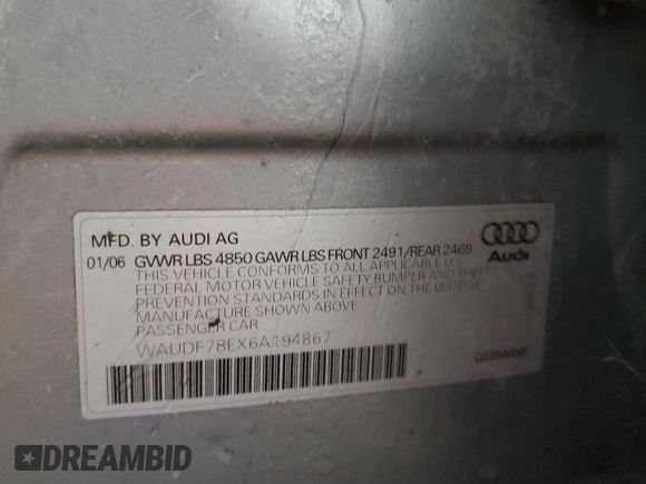 2006 Audi A4 2.0T z VIN WAUDF78EX6A194867, wystawiony jako Copart lot #82792104 z przebiegiem 125 919 mil mil oraz Szkoda całkowita • Salvage title. Historia ofert i sprzedaży dostępna na DreamBid. Obrazek 14.