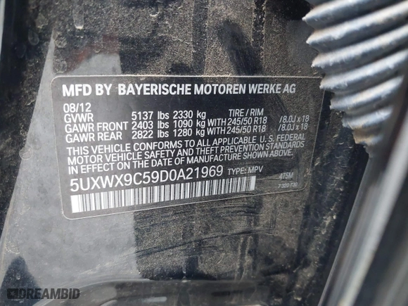 2013 BMW X3 xDrive28i with VIN 5UXWX9C59D0A21969, listed as a IAAI auction lot 42058317 with 118,302 mi miles. Bid and sale history available at carsss.com. Image 9.