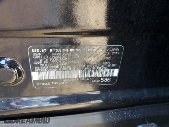 2020 Mitsubishi Eclipse Cross LE with VIN JA4AS4AA3LZ006477, listed as a Copart auction lot 84088194 with 101,978 mi miles and Salvage title. Bid and sale history available at DreamBid. Image 14.