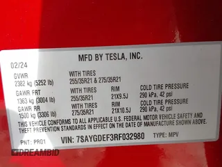 2024 Tesla Model Y Performance with VIN 7SAYGDEF3RF032980, listed as a IAAI auction lot 41619450 with 12,105 mi miles and . Bid and sale history available at DreamBid. Image 9.