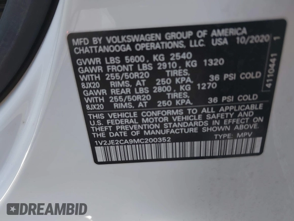 2021 Volkswagen Atlas SE z VIN 1V2JE2CA9MC200352, wystawiony jako IAAI lot #41367596 z przebiegiem 118 354 mil mil oraz . Historia ofert i sprzedaży dostępna na DreamBid. Obrazek 9.