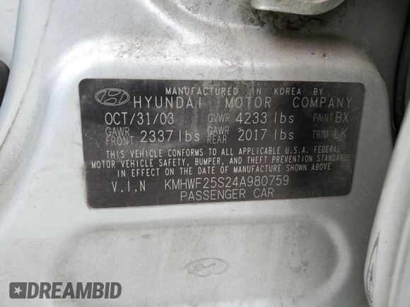 2004 Hyundai Sonata with VIN KMHWF25S24A980759, listed as a Copart auction lot 69791714 with 178,423 mi miles and Salvage Title. Bid and sale history available at carsss.com. Image 12.