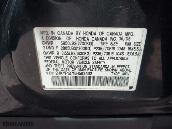 2005 Honda Pilot EX-L with NAVI with VIN 2HKYF18715H562492, listed as a IAAI auction lot 41627194 with 184,653 mi miles. Bid and sale history available at carsss.com. Image 9.
