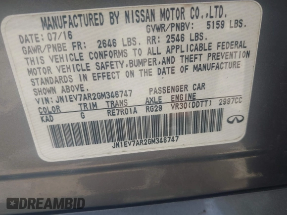 2016 Infiniti Q50 Premium with VIN JN1EV7AR2GM346747, listed as a IAAI auction lot 42778882 with 123,022 mi miles and . Bid and sale history available at DreamBid. Image 9.
